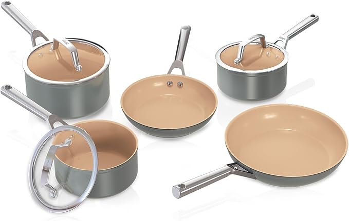 Ninja Extended Life 5-Piece Ceramic Cookware Set (20 &amp 24cm Frying Pans + 16 18 &amp 20cm Saucepans &amp Lids) Non-Stick (No PFAs PFOAs Lead or Cadmium) Oven Safe 285°C Terracotta/Grey CW