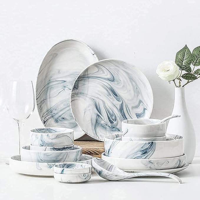 Dinnerware Sets - Luxury Gift Dishes Service Set Ceramic Dinnerware Sets Ins Nordic Creative Plate and Bowl Set Marble Pattern Kitchen Kitchen Plate Set Dishwasher Microwave Safe(12Pcs)