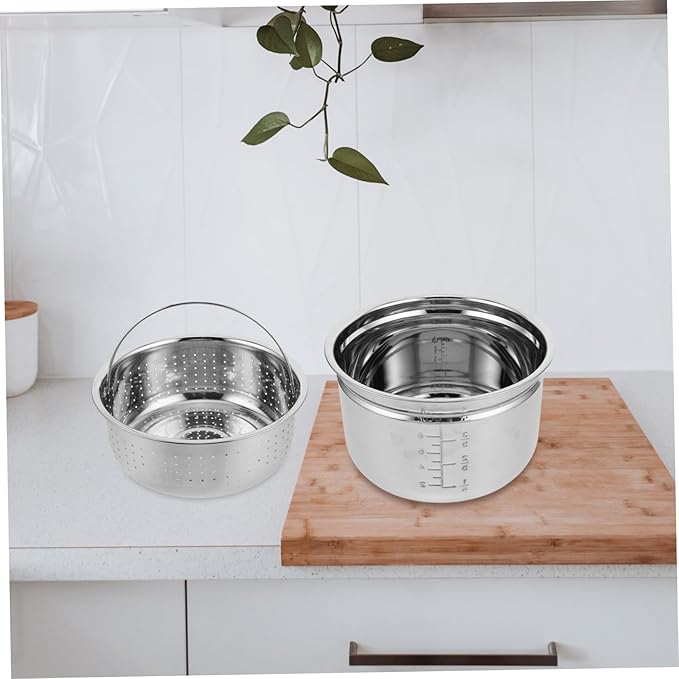 1set Stainless Steel Inner Pot for Electric Cookers Food Steamer Insert with Rice Draining Basket Multipurpose Cooker Replacement for Rice Soup and Steaming Easy to Clean
