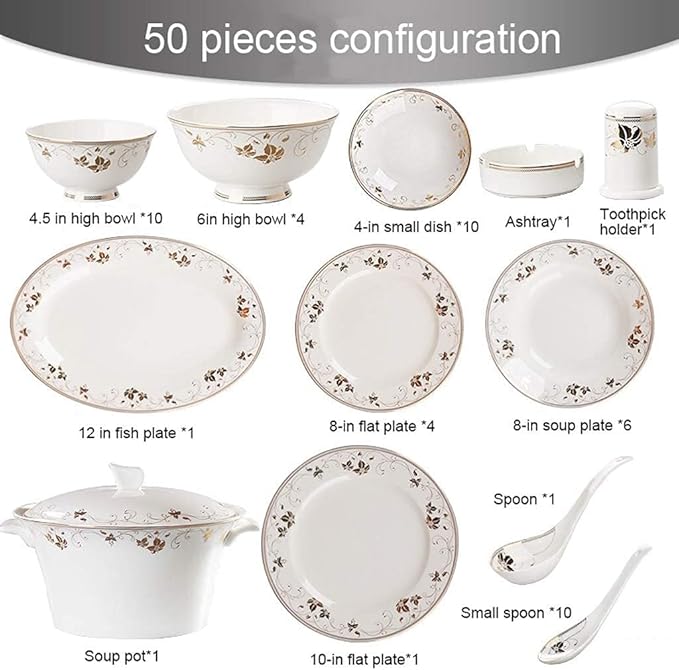 Ceramics Dinnerware Set With 50-Piece Bowl/Soup Pot/Dish/Spoon|Bone China Dinner Sets Golden Pattern Porcelain Combination Set