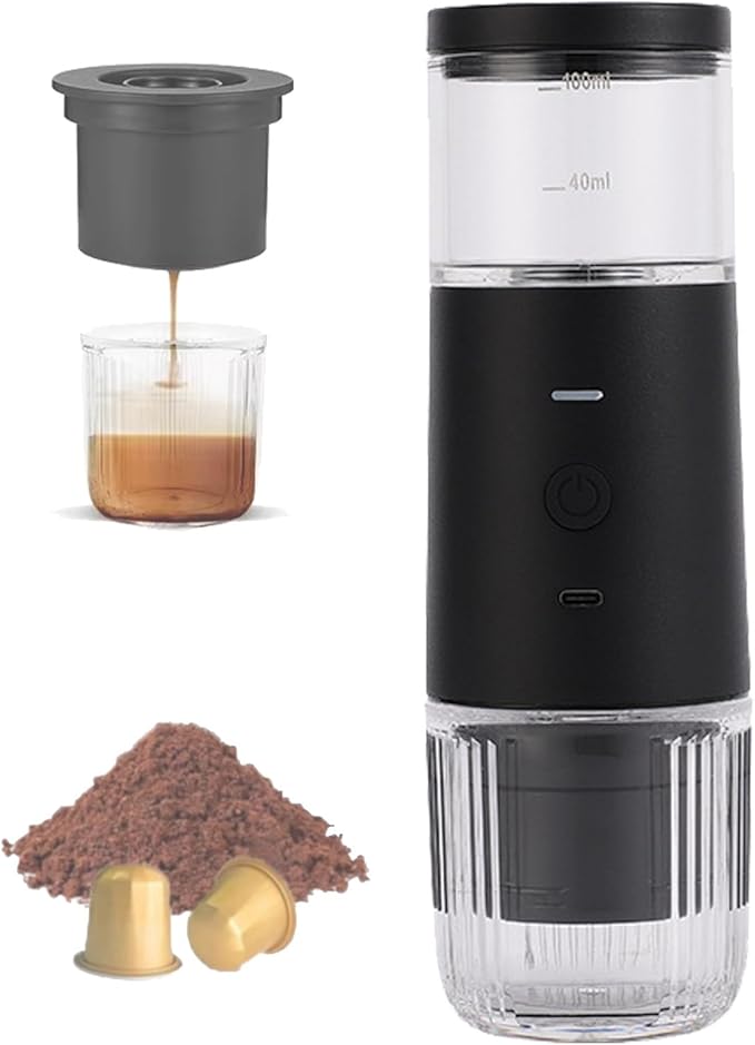 Portable Espresso Machine 2 in 1 Travel Coffee Machine Compatible with Cup Capsules and Ground Coffee Water Tank Capacity 100ml Portable USB Charging Suitable for Camping HikingBlack