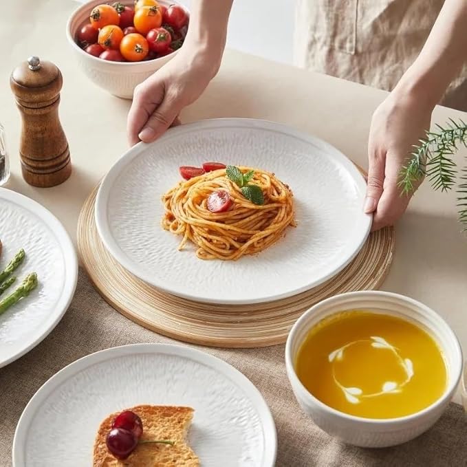Dinnerware Sets Beige Relief Plates and Bowls Sets 12 Pieces Stoneware Dinnerware Set Service for 4