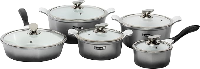 Hercules by Mundial 10-Piece Nonstick Ceramic Cookware Set – Non-Toxic Pots &amp Pans Induction Compatible Tempered Glass Lids Dishwasher Safe
