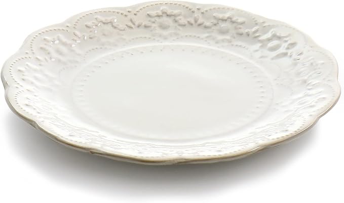 Unknown1 16 Piece Embossed Double Bowl Stoneware Dinnerware Set in Ivory Textured Casual Round Dishwasher Safe