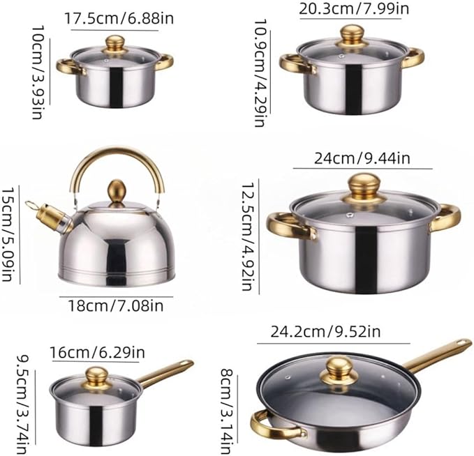 Thickened Stainless Steel Pot Set Soup Pot Milk Pot Frying Pan with Water Kettle 12 Piece Set of CookwareA12Pcs Daishuihu