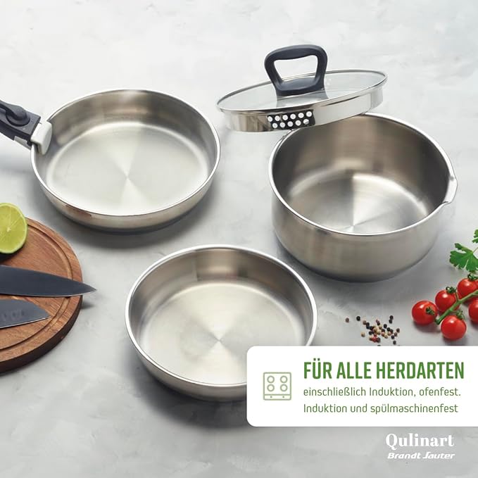 4-Piece Induction Cookware Set - Set of 3 Non-Stick Frying Pans 20 24 and 26 cm with Removable Handle - Stainless Steel - All Heat - PFOA Free - Silver/Black