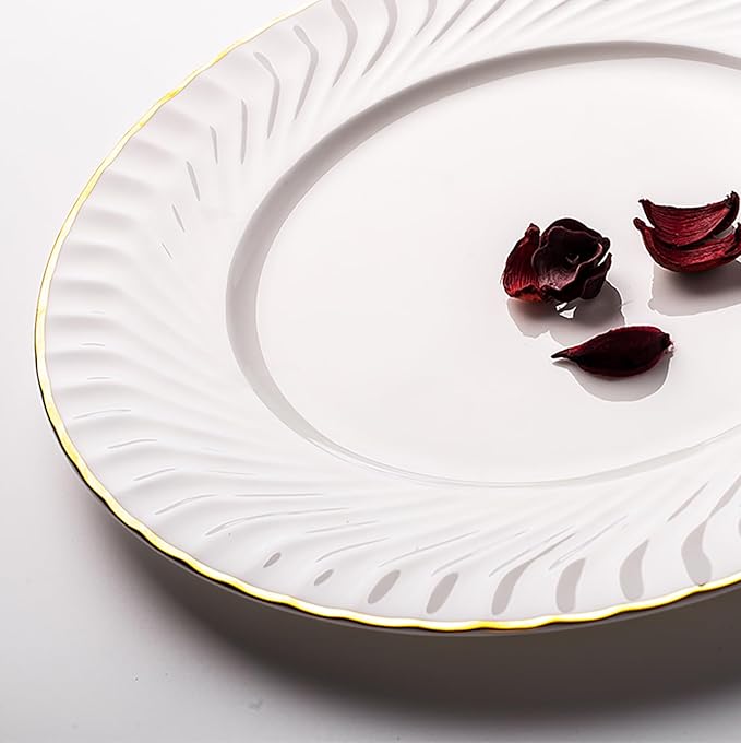 Elegant Porcelain Dinnerware Set with Gold Rim Embossed Wave Pattern 20 Piece Service for 4 Includes Dinner Plates Salad Plates Bowls Cups with Saucers Dishwasher Microwave Safe