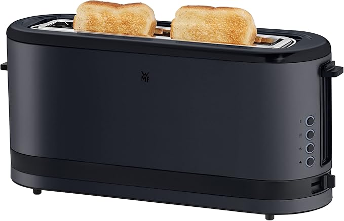 WMF Long Slotted Toaster 2 Slice with Bread Holder Narrow Toaster XXL Bagel Function 7 Roasting Levels 900 W Stainless Steel Matte Black