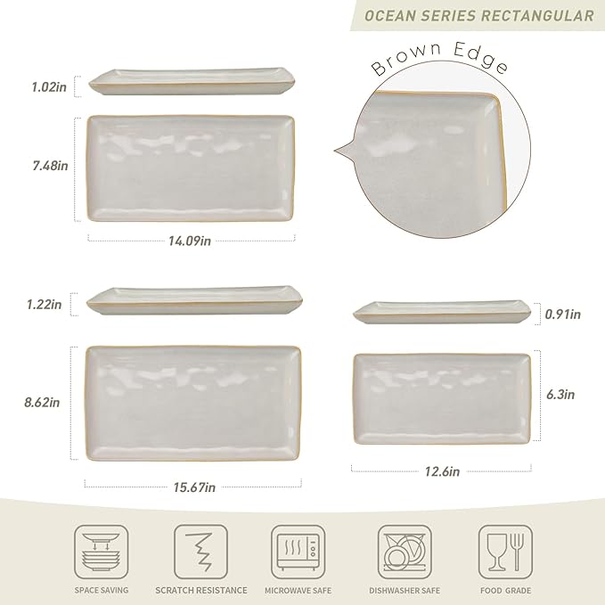 Famiware Star Plates and Bowls Sets + 3 Pcs Ocean Rectangular Serving Platter 15-Piece Dinnerware Sets for 4 Cappuccino White