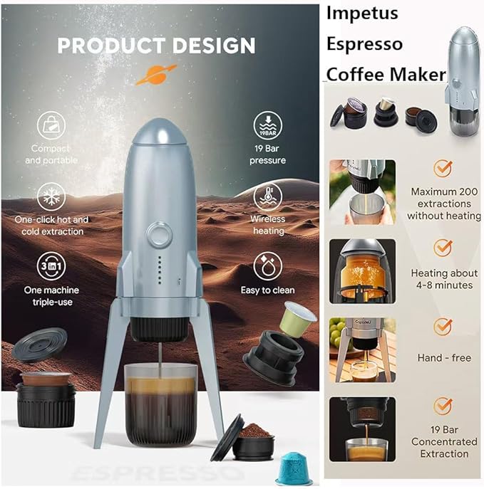 Portable Espresso Machine 19 Bar Mini Coffee Maker Self-Heating Electric Espresso Maker Recharging Travel Coffee Maker Hot and Cold All in One Coffee Maker for Travel Hiking Home White