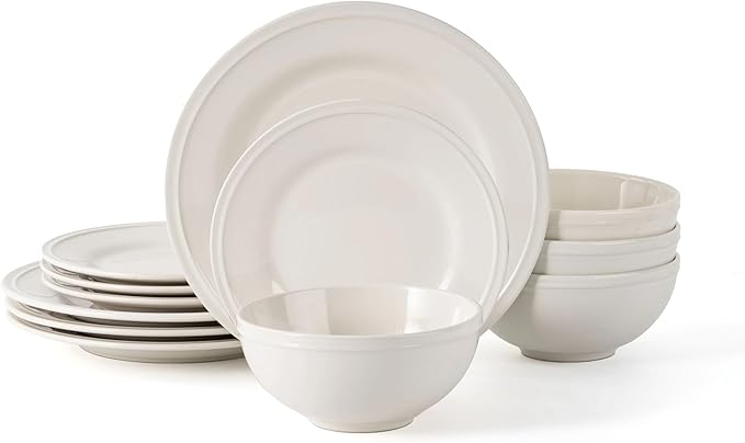 12-Piece White Stoneware Dinnerware Set Service for 4 Microwave &amp Dishwasher Safe Ceramic Plates and Bowls Set Durable Everyday Dishes for Home Kitchen