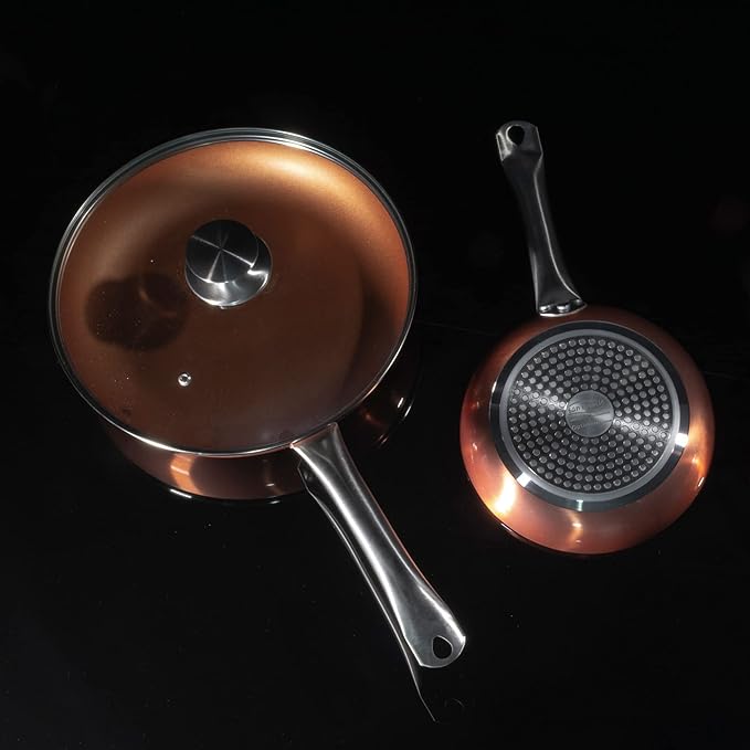 San Ignacio Optimum Cooper-Set of 5 Pieces: 3 Frying Pans 2 Lids-Copper Effect-20/24/28 cm - Non-Stick without PFOA-Induction and Gas Pressed Aluminium