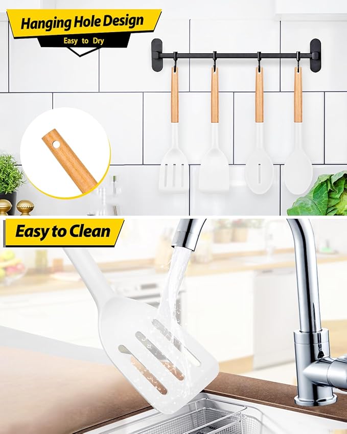 Pack of 4 Silicone Cooking Utensils Set Non Stick Solid Spatulas and Heat Resistant Slotted Spoons with Wooden Handle Ideal Wood Kitchen Utensils Set for FryingServingTurningStirring (WHITE)