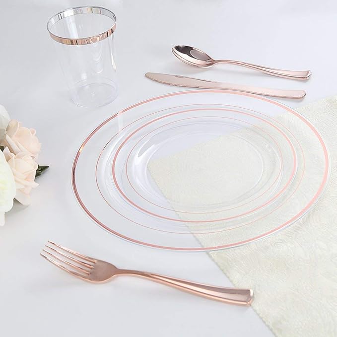 I00000 60 Pcs Rose Gold Plastic Plates Disposable Party Set Include: 60 Clear Plastic Plates with Rose Gold Trim for dinner and dessert Perfect for Holidays Wedding &amp Party Supplies (Pack of 2)