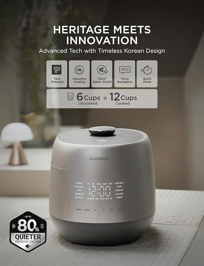 CUCKOO Twin Pressure Rice Cooker 6-Cup Uncooked / 12-Cup Cooked with Induction Heating Technology Silent Pressure System Open Cooking Mode Dynamic Display Eco Inner Pot Gray (CRP-PHTR0609FS)