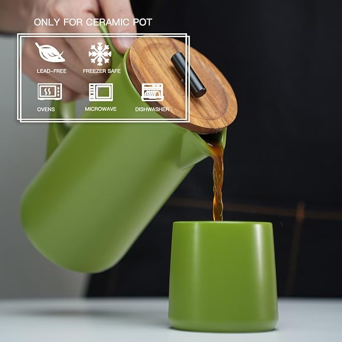 DHPO Ceramic French Press Coffee Maker 22oz Single Serve Coffee Press with Walnut Wood Lid Lead-Free Food Grade Stainless Steel Filter with Dual Screen for Coffee and Loose Tea Green