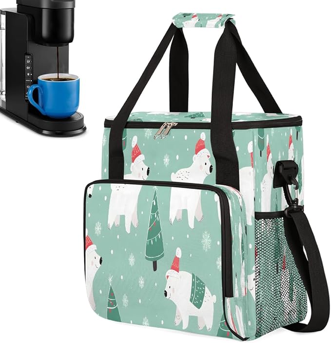 Christmas (745) Coffee Maker Carring Bag Travel Carrying Storage Tote Bag Compatible with Keurig K-Mini or K-Mini Plus Portable Single Serve Coffee Brewer Case with Pockets for K-cup Pods