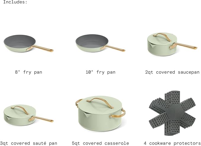 Nonstick Ceramic Cookware Set (12 Piece) Pots Frying Pans Lids and Kitchen Storage Oven Safe Pan Set &amp Compatible with All Stovetops - (Sage Green)