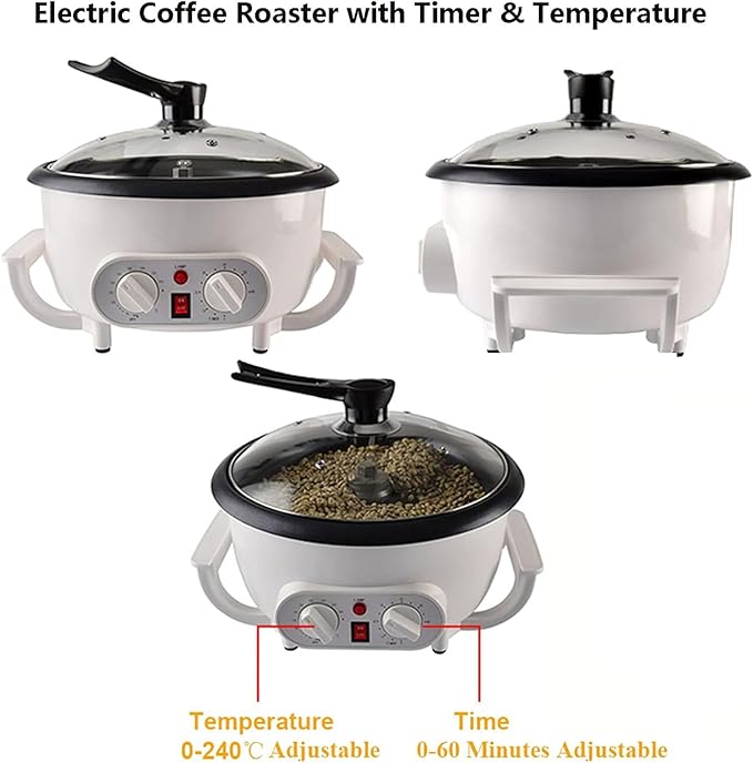 Coffee Roaster 1200W Grain Food Burning Machine 0-240℃ Temperature Adjustable And 0-60 Min Adjustable Coffee Maker For Coffee Raw Beans Peanuts Cereals Herbal Baking