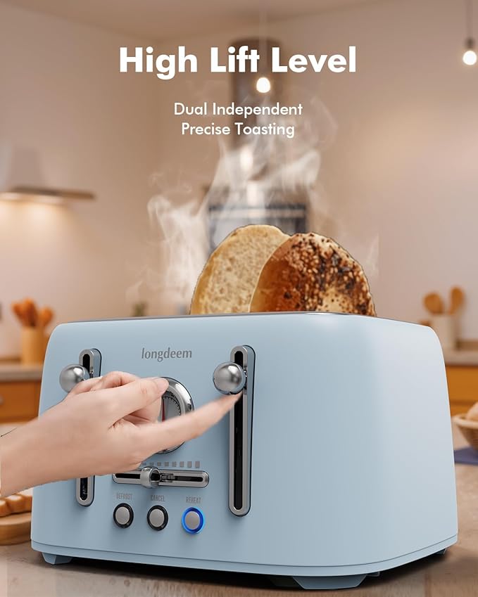 LONGDEEM 4-Slice Retro Toaster 1.6 Extra-Wide Slots 6 Browning Levels Bagel/Defrost/Cancel Stainless Steel Compact Blue