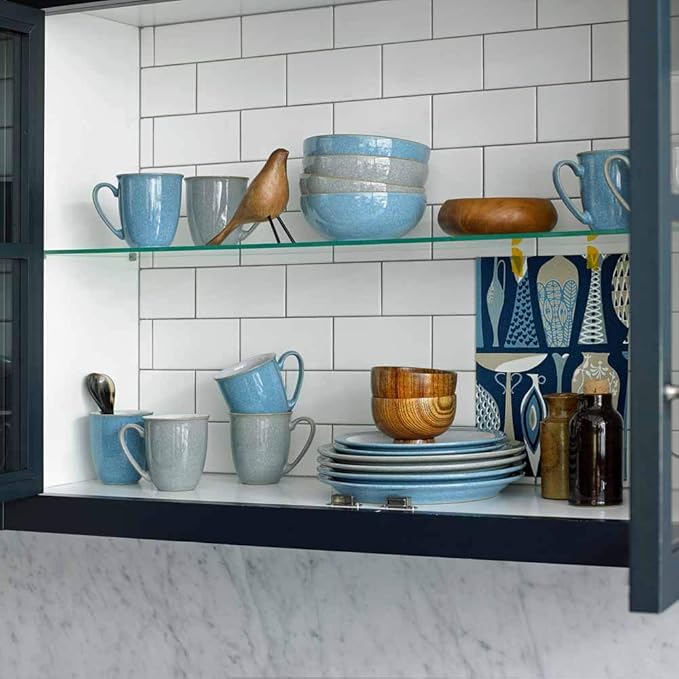 Denby Elements Blue Dinner Set - 4/12 Piece Ceramic Tableware - Dishwasher &amp Microwave Safe - 4 Dinner Plates 4 Medium Plates 4 Cereal Bowls