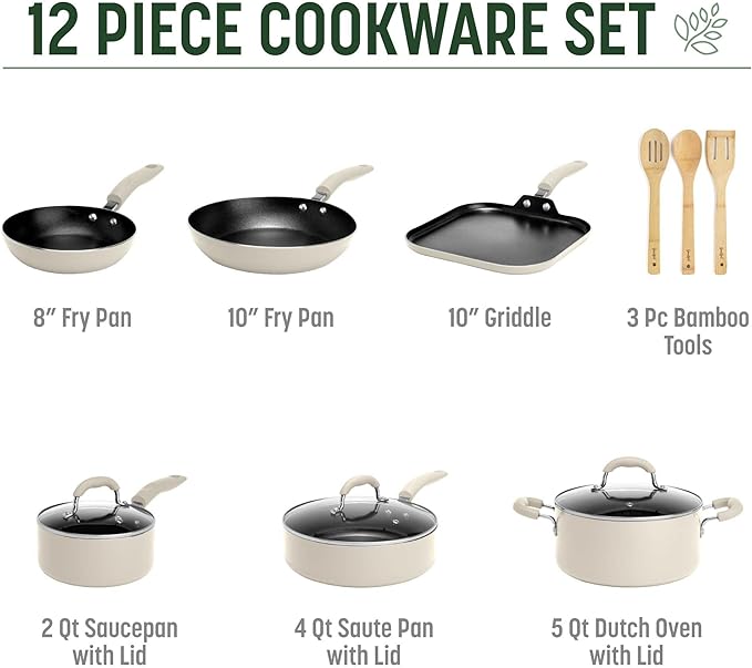 Goodful Ceramic Nonstick Pots and Pans Set Premium Ceramic Coating Made without PFOA PTFE or PFAS Dishwasher Safe 12-Piece Cream