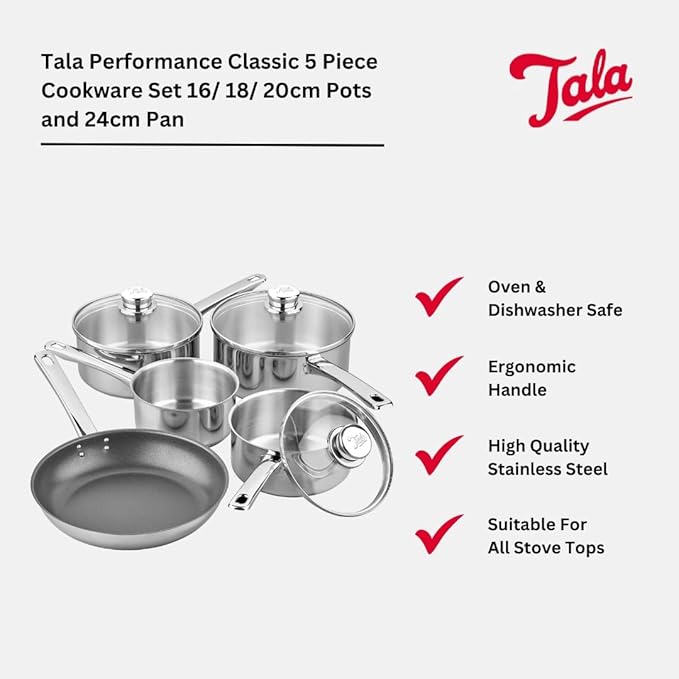 Tala Performance 5 Pc Stainless Steel Cookware Set containing Saucepans Glass lids 16 18 and 20cm. 14cm Milk pan 24cm Non-Stick Fry Pan 5 Pc Set Polished Mirror Shine Finish