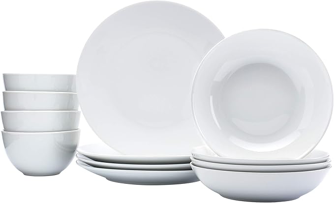 Denmark White Catering and Dining- Commercial Chef Restaurant Grade Scratch Chip Resistant Dishwasher Oven Microwave Safe Dinner Soup Cereal Plate Bowl 12 Piece White Vitrified Dinnerware Set