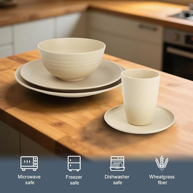 40 PCS Wheat Straw Dishes Sets | Reusable Dinnerware Set for 8 - Dinner Plates Cereal Bowls Drinking Glasses Unbreakable Plastic Plates and Bowls Sets Microwave Safe for Kitchen - Beige