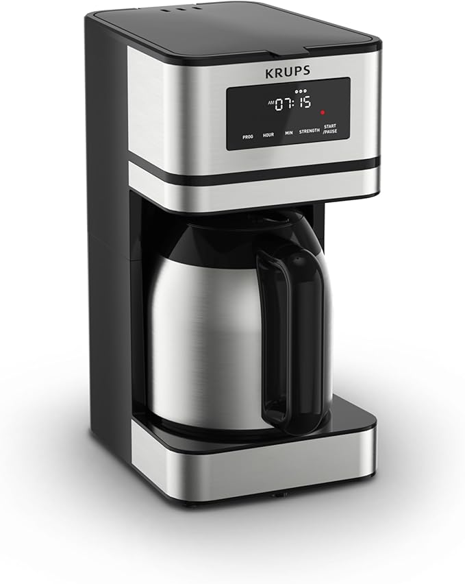 Krups Simply Brew Stainless Steel and Thermal Carafe Drip Coffee Maker 12 Cup Programmable Customizable Digital Display Insulated Coffee Filter Dishwasher Safe Drip Free Silver and Black