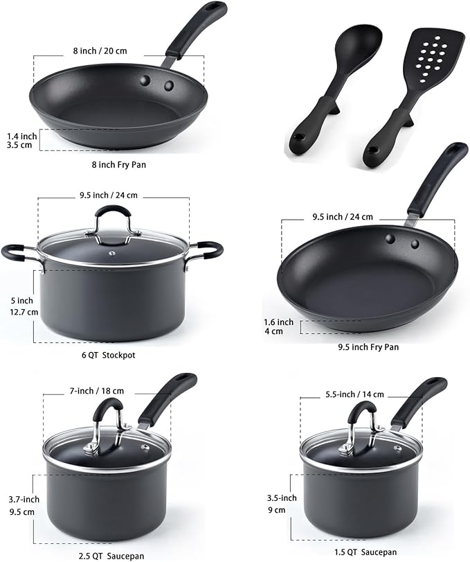 Cook N Home Professional Hard Anodized Nonstick Pots and Pans 10-Piece Cookware Set with Stay-Cool Handles Black