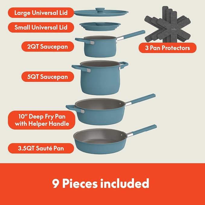 bella 9 Piece Ceramic Nonstick Cookware Set Fits-anywhere™ Kitchenware w EverGood™ Coating Dishwasher &amp Oven Safe All Stovetops Compatible Stackable Design Cool Touch Handles Surf