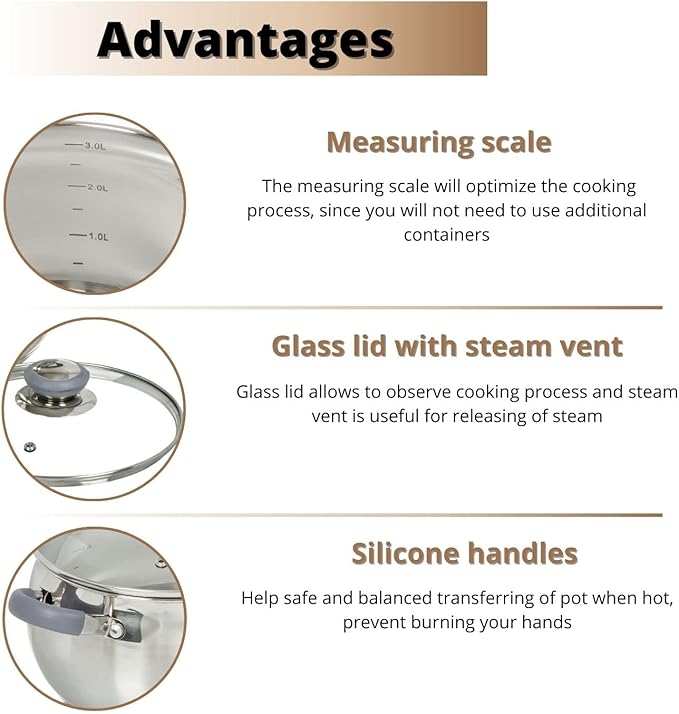 Daniks Modern 2 Quart Stainless Steel Stock Pot with Glass Lid Tri-Ply Bottom for Even Heating Induction Compatible Dishwasher Safe Heatproof Handles