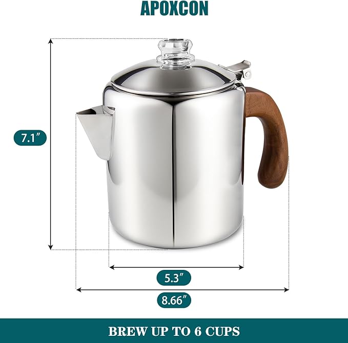 Coffee Percolator Stainless Steel Coffee Maker with Fireproof Solid Wood Handle &amp Tough Glass Clear Brew Progress Knob Camping Coffee Pot Using on any Stovetop NO Aluminum NO Plastic (6 Cup)