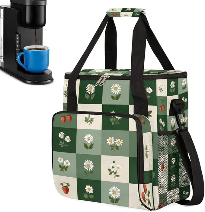 cfpolar Daisy Strawberry Coffee Maker Carrying Bag Coffee Machine Travel Storage Bag Compatible with K-Mini or K-Mini Plus Portable Single Serve Coffees Brewer Case with Pockets for K-Cup Pods