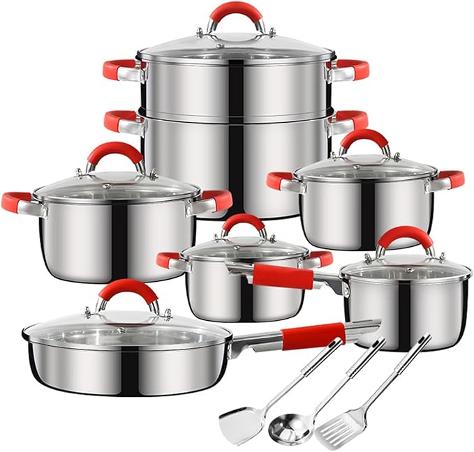 Kitchenware Pots &amp Pans Set Includes Milk Pot Frying Pan Stockpot Steamer And Spatula Set 16 Piece Stainless Steel Kitchen Cookware Cooking Set with Silicone-wrapped Handles for All Cooktops