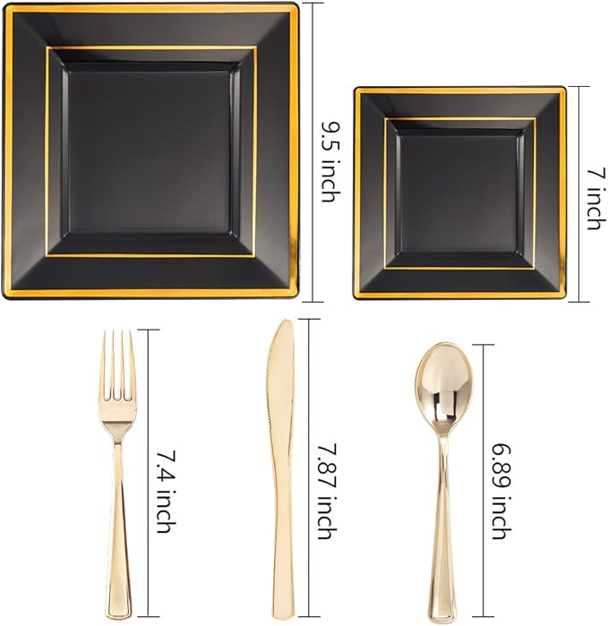 WDF 125Pieces Black Square Plastic Plates with Gold Rim Gold Disposable Silverware - include 25Pcs Dinner Plates25Pcs Dessert Plates25 Forks 25 Knives 25 Spoons for New Year (Pack of 2)