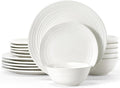 Famiware Plates and Bowls Sets 18-Piece Stoneware Dinnerware Sets Dishes Set for 6 Hand-made Reactive Glaze Dish Set Twilight Series White