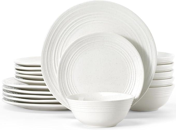 Famiware Plates and Bowls Sets 18-Piece Stoneware Dinnerware Sets Dishes Set for 6 Hand-made Reactive Glaze Dish Set Twilight Series White