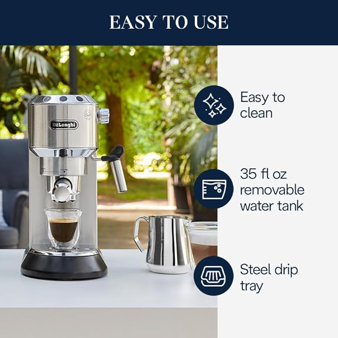 De’Longhi Dedica Espresso Machine with Manual Milk Frother 15-Bar Pump &amp Adjustable Tray - Home Barista Coffee Maker for Espresso Latte Cappuccino &amp Iced Coffee - Italian Stainless Steel De