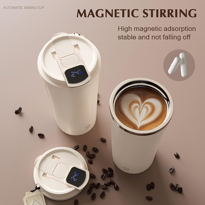 Automatic Stirring Coffee Mug – 400ml Rechargeable With Temperature Display Magnetic Mixer | Portable Self Mixing Cup For Milk Shakes Tea Lattes Oatmeal Drinks Home Office Travel Camping