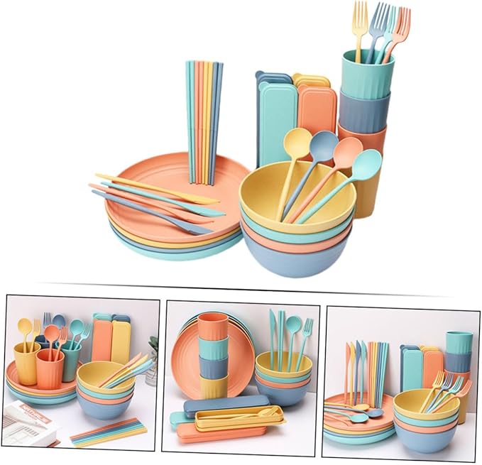 PRETYZOOM 4Sets Portable Wheat Straw Tableware Creative Kitchen Supplies for Rice Soup and Salad Microwave Safe Dinnerware Set with Bowls Plates and Cutlery for Home