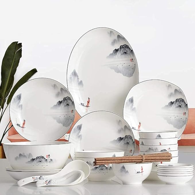Elegant Dinnerware Set Dinner Plates Bowls Set Porcelain Dishes Dinner Sets Chinese Style Dinner Plates And Bowls In Glazed Microwave Dishware Safe Service For 6/8/10/135Pcs