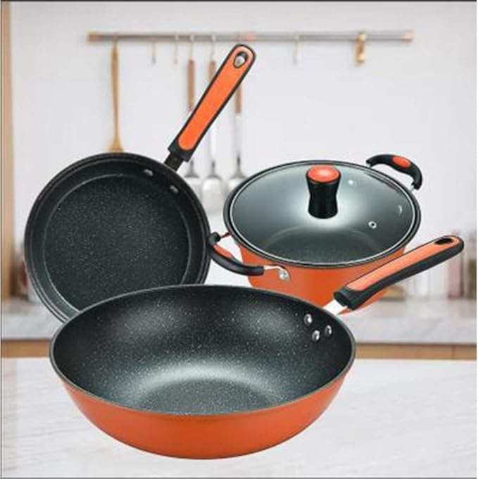 Pots and Pans Set 3Pcs Soup Pot with Glass Lid Wok Frying Pan Wrought Iron Non-Stick Cooking Pot Set Kitchen Cooking Pot Set Cooking Pan Set(