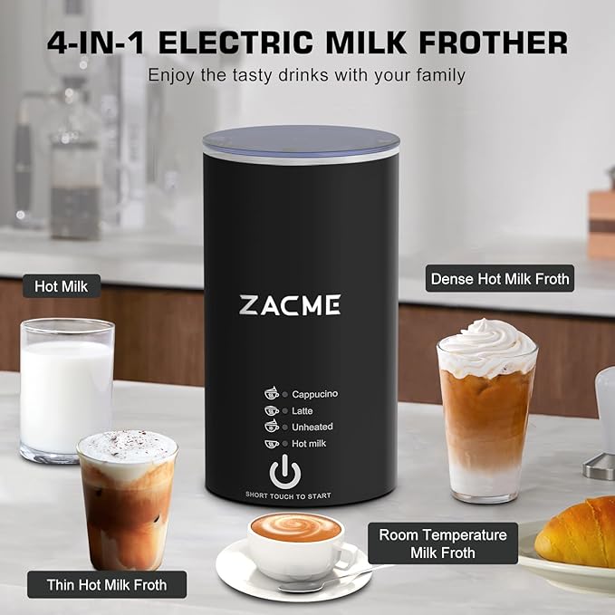 ZACME 4IN1 Single Serve Coffee Maker with Milk Frother &amp Grinder Small Coffee Machine for K Cup &amp Ground 28oz Water Tank 6 to 14 oz Brew Sizes Self-cleaning Function Adjustable Drip Tray