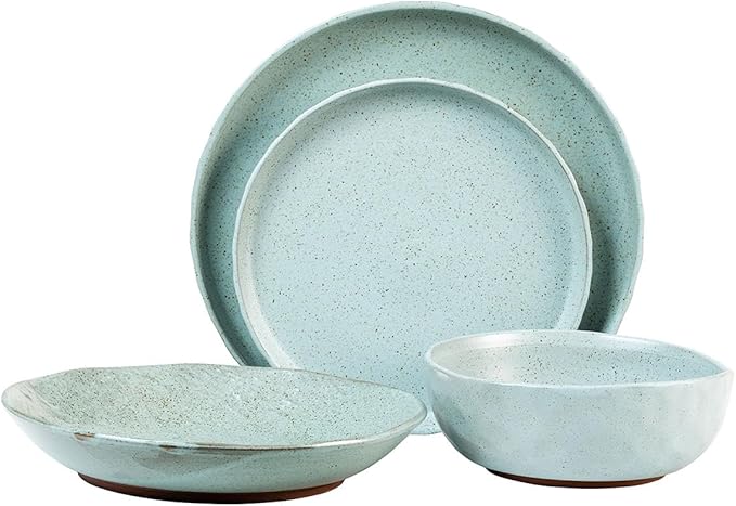 Sango Kaya 16-Piece Stoneware Dinnerware Set – Service for 4 Plate &amp Bowl Set Featuring Rustic Blue Speckled Design for Everyday Dining &amp Entertainment Microwave &amp Dishwasher Safe