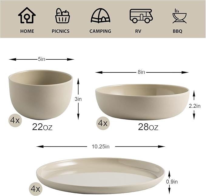MissYIP Melamine Dinnerware Sets 12pcs Service for 4 Unbreakable Reusable Kitchen Dinnerware Set Outdoor Camping Dishes BAP free Dishwasher SafeNot oven-safe or microwavable(CharlestonGray)