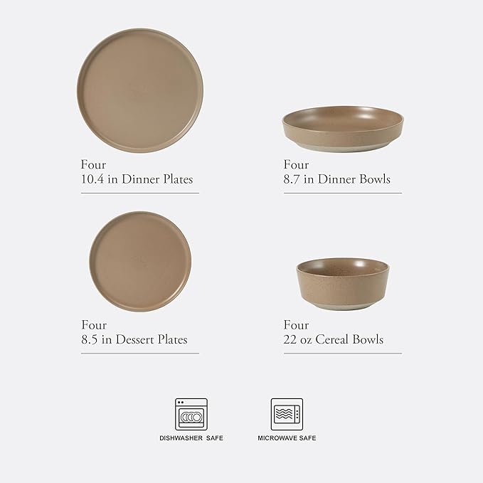 Gibson Elite Overbrook 16-Piece Pottery Clay Stoneware Dinnerware Set – Terraccotta Brown Reactive Glaze Stackable Plates and Bowls w/Pasta Bowl Service for 4 – Microwave &amp Dishwasher Safe