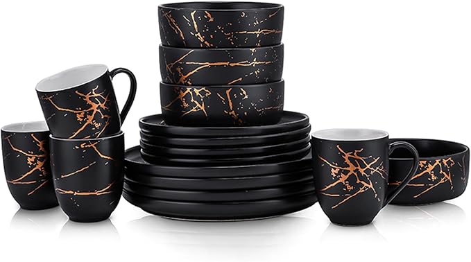 Stone Lain Porcelain 32 Piece Dinnerware set 8 Full Black Gold Splash Sets