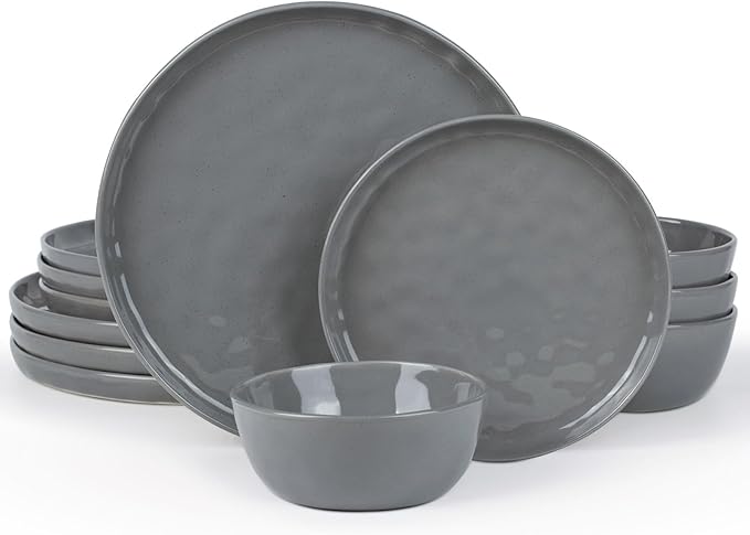 Famiware Mars Plates and Bowls Set 12 Pieces Dinnerware Sets Dishes Set for 4 Dark Gray